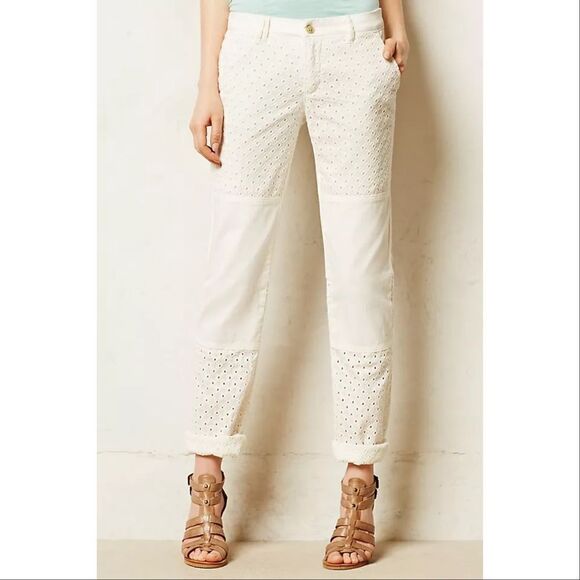 Pilcro by Anthropologie Hyphen Eyelet Chino Pants Ivory Size 31 Tall 12 - Picture 1 of 16